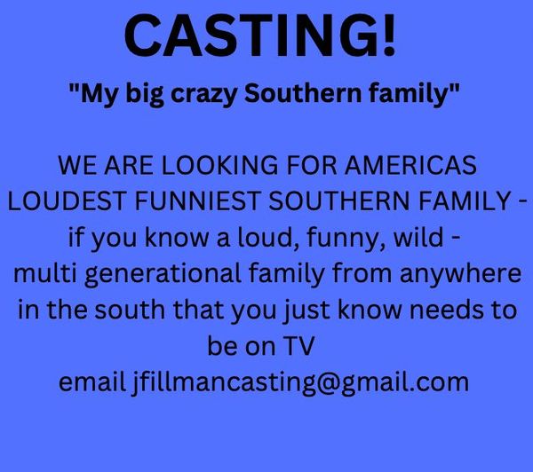 casting notice info and info graphic for reality show "My Big Crazy Southern Family"