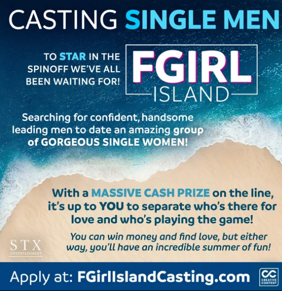 Casting Notice for HBO new FBOY spinoff FGirl Island submission information info graphic