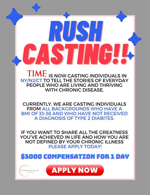Casting notice info graphic for Time promo project in NY tri-state area