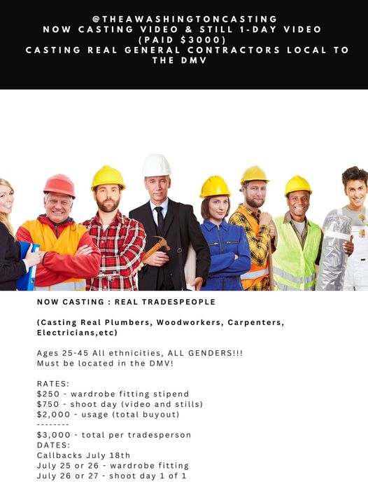 Read more about the article Casting Call for Tradespeople in the DMV Area for a Commercial