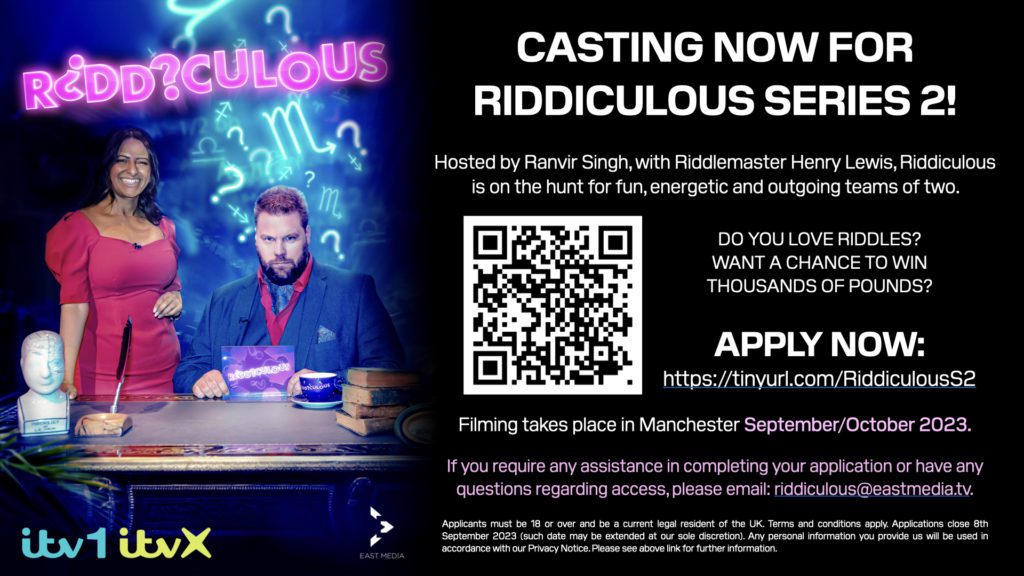 info graphic with information and the QR code to apply for the show Riddiculous.
