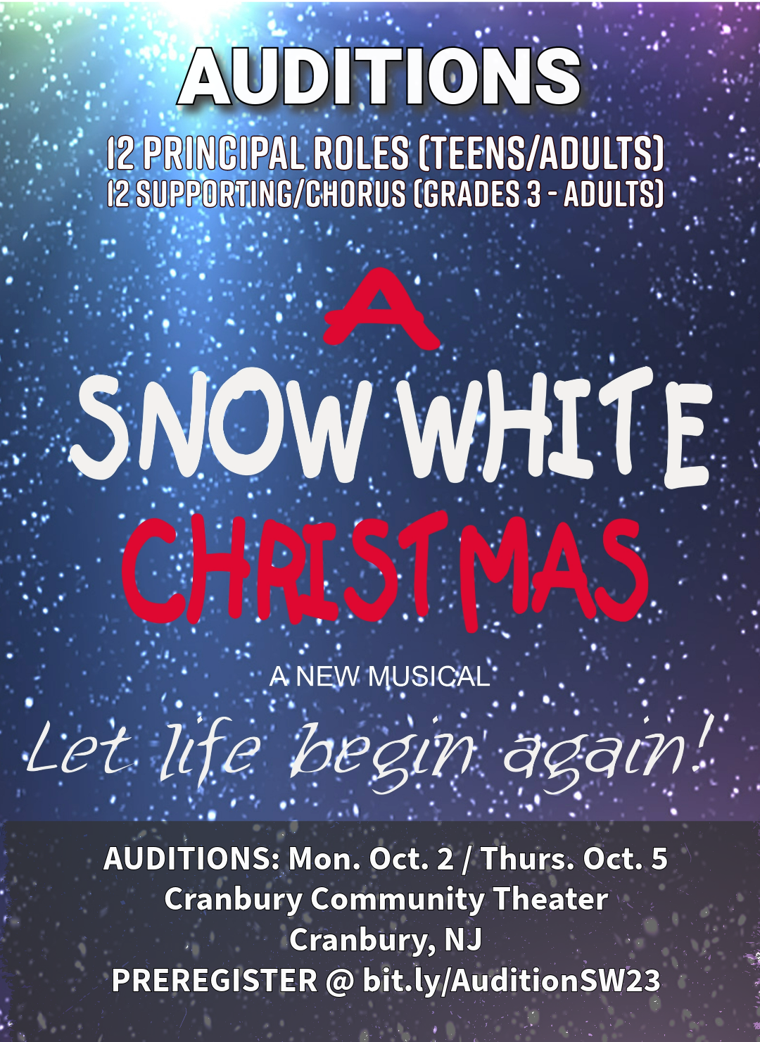 Read more about the article Auditions for “A SNOW WHITE CHRISTMAS” in Cranbury, New Jersey (Trenton Area)