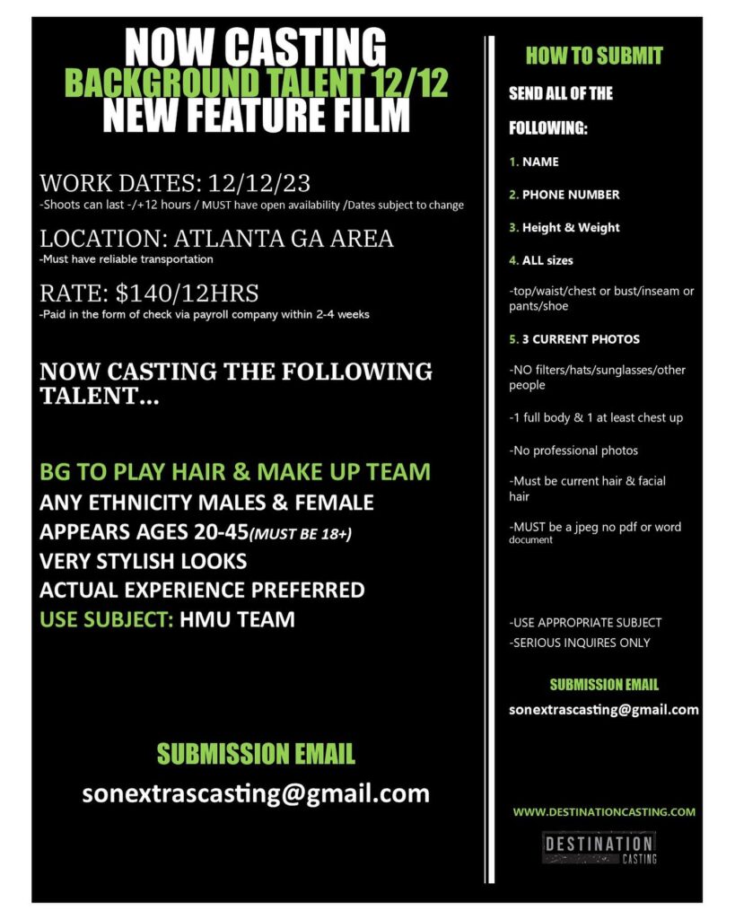 Paid Movie Extras Casting Call in Atlanta Auditions Free