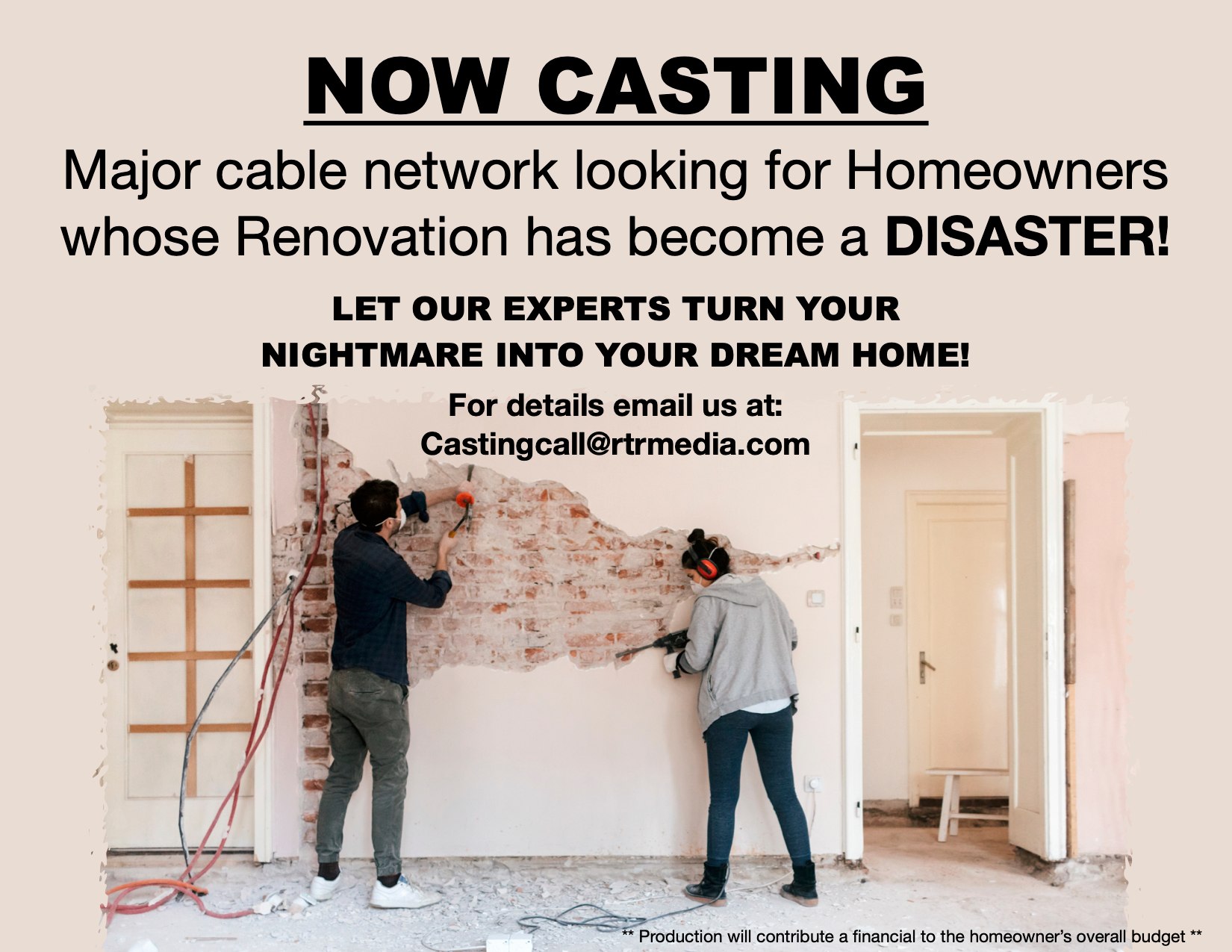 Read more about the article Major Network Casting People in a Renovation Disaster – Los Angeles/Orange County.