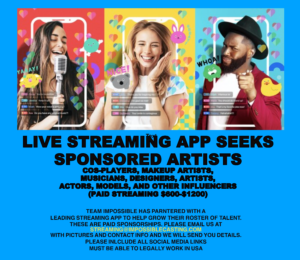 Read more about the article Nationwide Casting Call for Paid Streamers, (musicians, makeup artists, designers, and more)