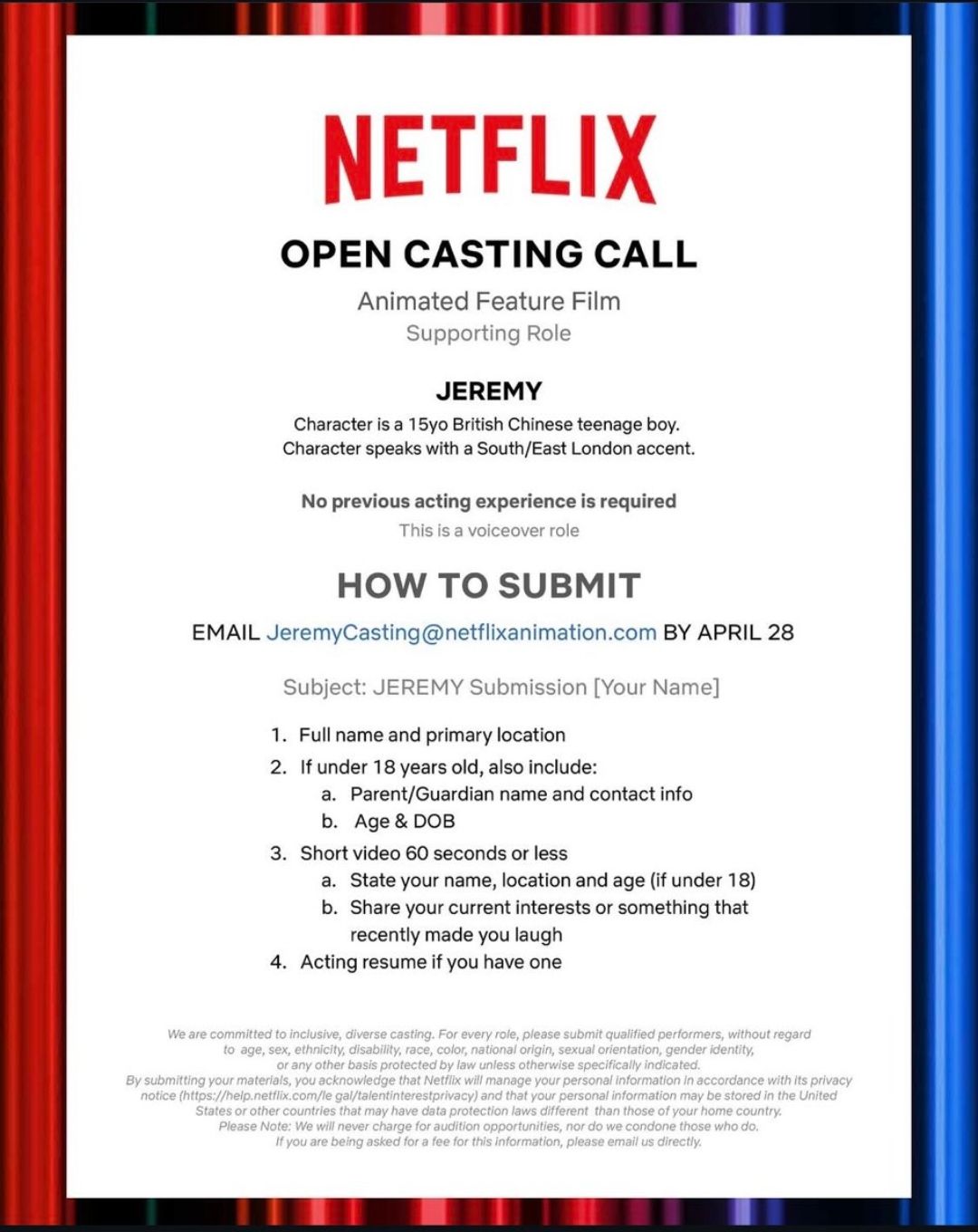 Online Auditions for Teen Speaking Role in Netflix Movie